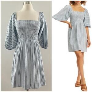 Billabong Days in Paradise Dress Striped Smocked Puff Sleeve Coastal Blue Small